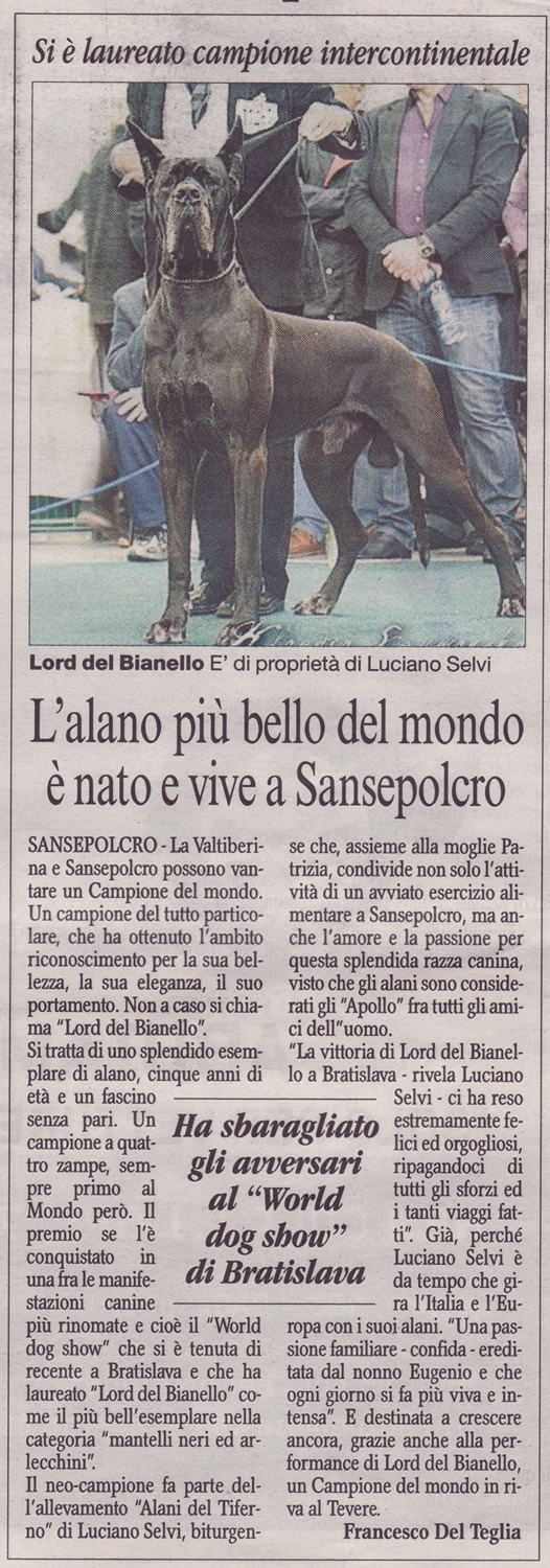 Articolo di giornale alano campione del mondo